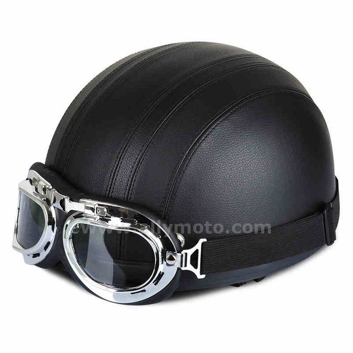 129 Synthetic Leather Vintage Style Motorbike Cruiser Touring Scooter Open Face Half Helmets Goggles Visor